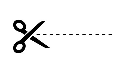 Dark Scissors icon on white background. Scissors icon with cut line