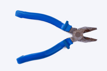 Fototapeta premium Pliers with blue handle on white background. Tool for repair.