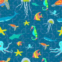 Naklejka na ściany i meble pattern seamless set of sea animal. world ocean day. doodle hand drawing colorful design style. vector illustration eps10