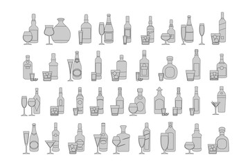 bottles and glasses line black icon set vector illustration. Holiday celebration. Alcohol drinks on white background.
