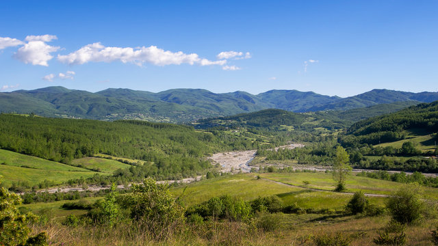 Landscape in Emilia Romagna with Ingegna River, a tributory of the Taro. Italy.