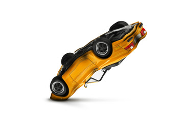 Yellow car accident with damage scene- transport and traffic accident concept- Isolated on white background