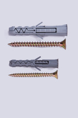 Screws and dowels on white background. Self-tapping screw and dowel. Tools for wood work.