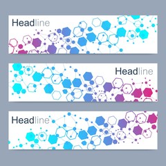 Scientific set of modern vector banners. DNA molecule structure with connected lines and dots. Scientific and technology concept. Wave flow graphic background for your design. Vector illustration.