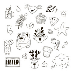 Set of cute childish doodles. Black and white vector clipart.
