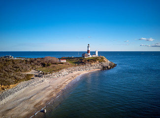 Fototapeta na wymiar Montauk Lighthouse and beach aerial shot