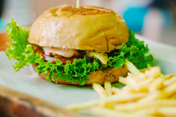 home made chicken burger with french fries