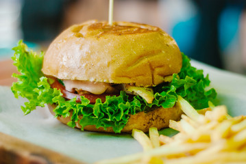 home made chicken burger with french fries