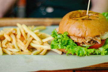 home made chicken burger with french fries