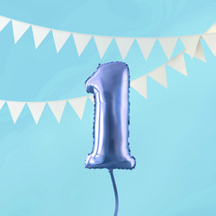 Happy 1st birthday party celebration blue balloon and bunting. 3D Render