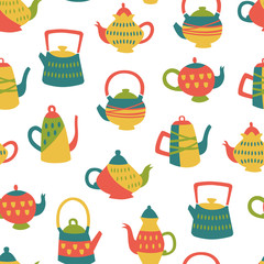 Seamless Pattern with Different Teapots on White Background.