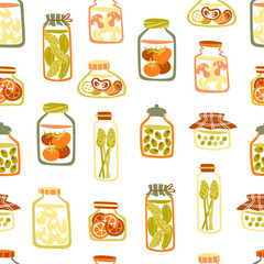 Hand Drawn Seamless Pattern with Pickle Jars Vegetables on White Background.