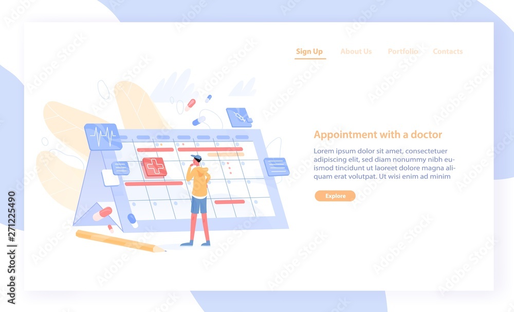 Poster website or web banner template with man looking at giant calendar and choosing date to visit physici