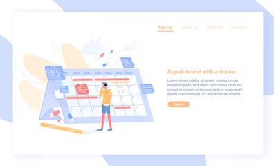 Website or web banner template with man looking at giant calendar and choosing date to visit physician. Online doctor appointment scheduling service. Flat cartoon vector illustration for promotion.