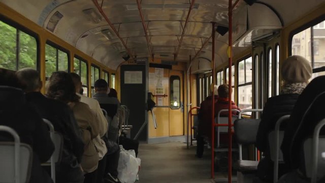 Shot inside soviet Moscow tram during a ride in the streets of the city in the daytime&nbsp;