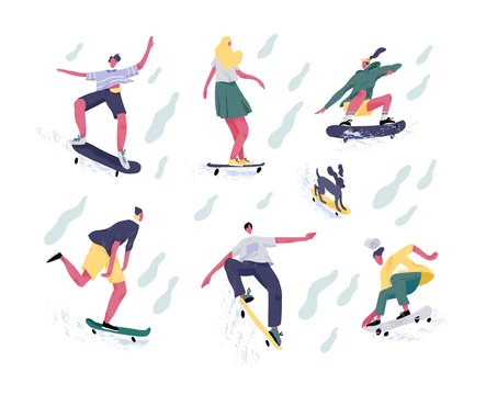 Bundle of teenage boys and girls or skateboarders riding skateboard. Young men, women and dog skateboarding. Male and female cartoon characters isolated on white background. Flat vector illustration.