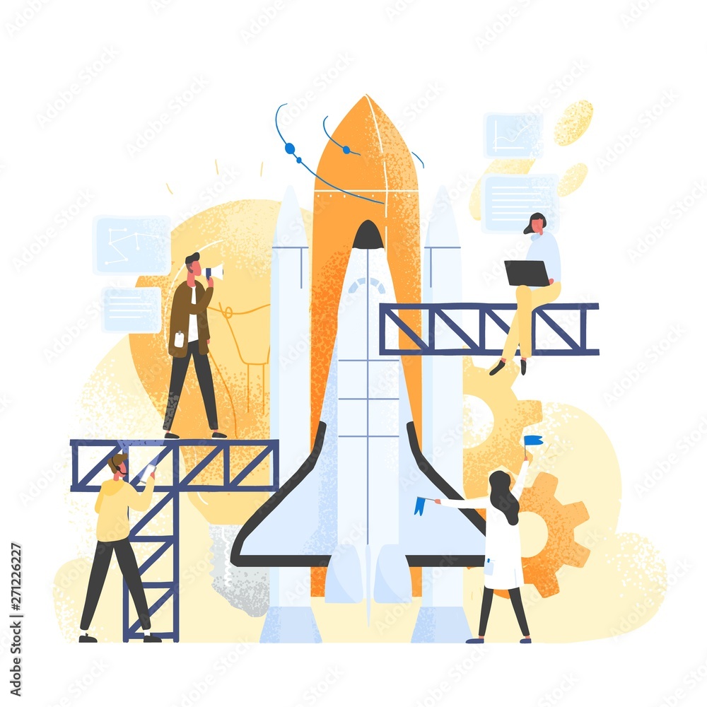 Poster group of people preparing spaceship, spacecraft, rocket or shuttle for space travel or mission. cler