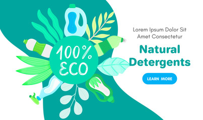 Vector background with eco friendly household cleaning supplies. Natural detergents. Landing page template. Products for house washing. Green home. Online store. Banner, mailing, advertising, label