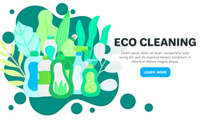 Vector background with eco friendly household cleaning supplies. Natural detergents. Landing page template. Products for house washing. Green home. Online store. Banner, mailing, advertising, label
