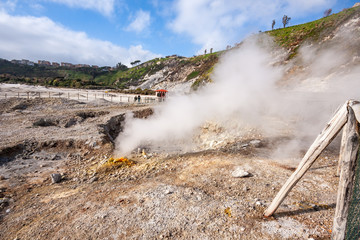 Pozzuoli, Naples, Italy - June 04 2019: fumaroles of the solfatara of Pozzuoli, volcanic phenomena in the Campi Flegrei