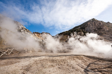 Pozzuoli, Naples, Italy - June 04 2019: fumaroles of the solfatara of Pozzuoli, volcanic phenomena in the Campi Flegrei