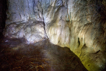 inside of a cave. Light painting in a cave