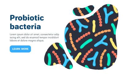Vector background with probiotics. Bifidobacterium, lactobacillus, streptococcus thermophilus, lactococcus, propionibacterium. Landing page template, banner, mailing, advertising, label, presentation