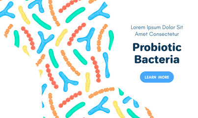 Fototapeta premium Vector background with probiotics. Bifidobacterium, lactobacillus, streptococcus thermophilus, lactococcus, propionibacterium. Landing page template, banner, mailing, advertising, label, presentation