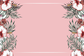 Fototapeta na wymiar Horisontal tropical frame pink background