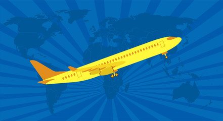Tourism, travel and booking concept equipment with aircraft, airplane, airliner, world maps. Vector illustration. Blue background.