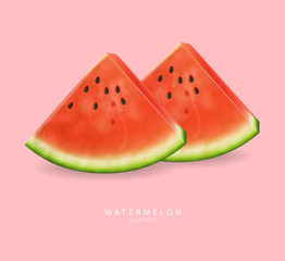 Watermelon slices Vector realistic. Summer tropic seaside view background. 3d detailed juicy fruits slices