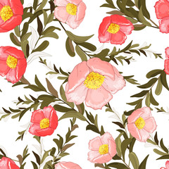Colorful spring seamless wallpaper with cute flowers. Vector hand drawn illustration set. Retro watercolour style floral design.