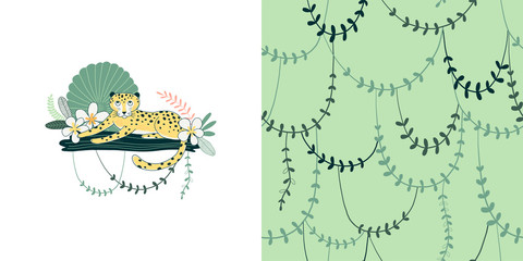 Twisted wild liana branches vector seamless color pattern. Lying guepard hand drawn illustration. Rainforest, flora and fauna. Tropical leaves and flowers. Decorative textile, wallpaper, t-shirt print