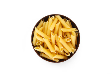 dry pasta penne Italian food in a bowl on white background.