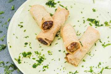 Fried spring rolls surrounded by ingredients. Buffet of Assorted of Chinese Food Dishes.