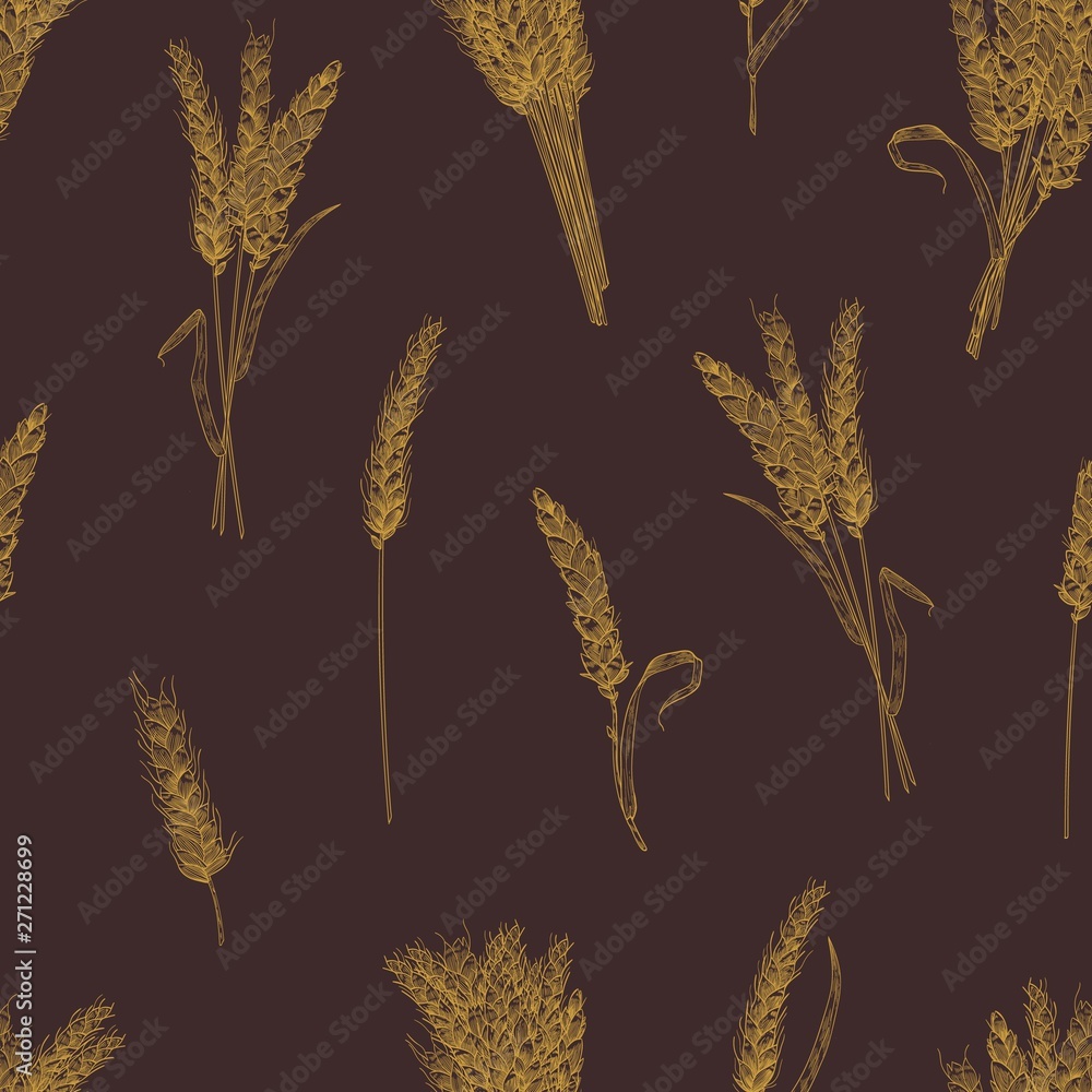 Poster Natural seamless pattern with wheat ears or spikelets hand drawn with contour lines on dark background. Backdrop with organic cultivated cereal plant. Realistic vector illustration for wallpaper.