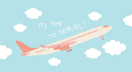 It's time to travel! Travel vacations design picture of aircraft, airplane, airliner in cloud. Vector illustration. Blue background.