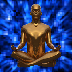 Figure of man in lotus pose golden statue on blue background