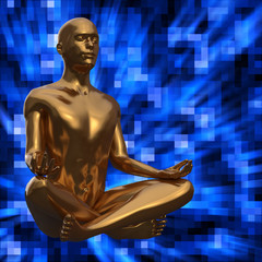 Golden statue of man in lotus pose stylized on blue background
