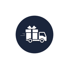 Delivery truck with gift box Icon in circle. Vector flat style illustration isolated symbol