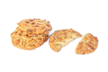 peanut cookie broken on white background.