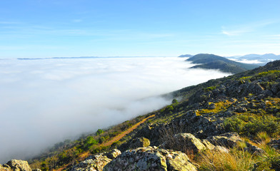 Fog over the Valley of Alcudia and Sierra Madrona Natural Park, province of Ciudad Real, Castilla la Mancha, Spain