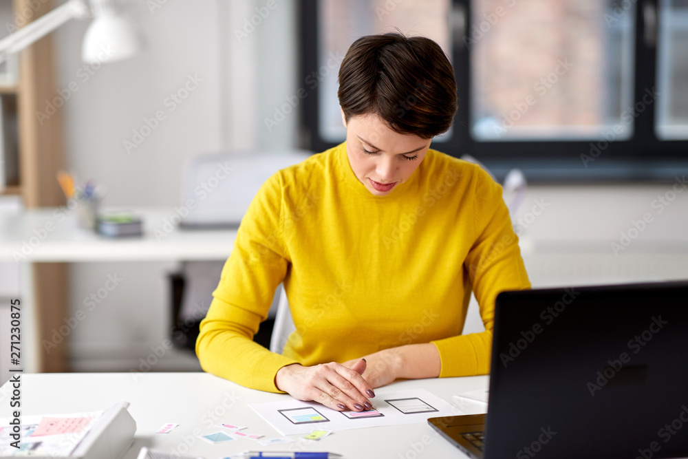 Poster business, technology and user interface design concept - ui designer working on templates at office