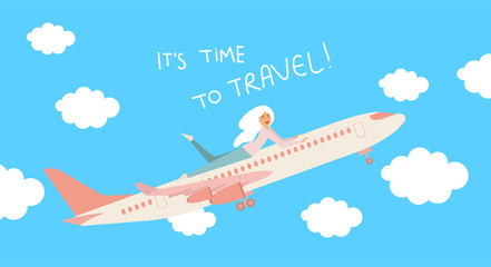 Fototapeta na wymiar It's time to travel! Travel vacations design picture of aircraft, airplane, airliner in cloud and white woman. Vector illustration. Blue background.