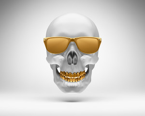 Weißer Schädel mit goldener Sonnenbrille