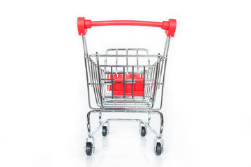 red shopping cart on white background.