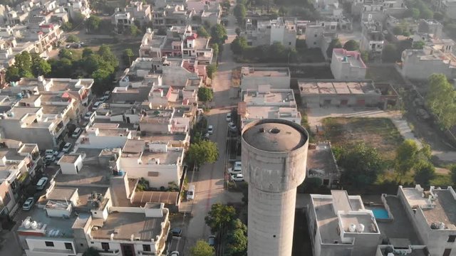 An aerial over the Basant Avenue, An Urban City located in Ludiana Punjab India, skyline including rooftop water tower.