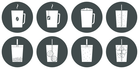 Vector set of beverage icons. Trasparent, no fill on cup. Isolated in circle. Soft drinks, hot - coffee, tea, cocoa, chocolate. cold - lemonade, soda pop, smoothie, bubble tea, ice tea.