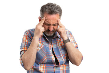 Man with headache touching temples