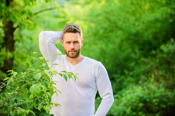 time to think. ecological life for man. man in green forest. morning in nature. healthy lifestyle....